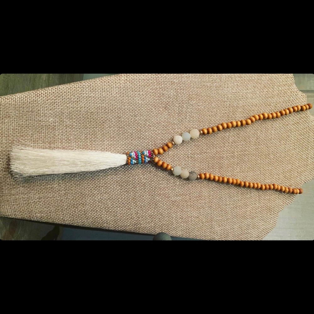 Natural/Wood Beaded Tassel Necklace